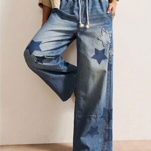 SHEIN Blue Star Patch Wide Leg Jeans